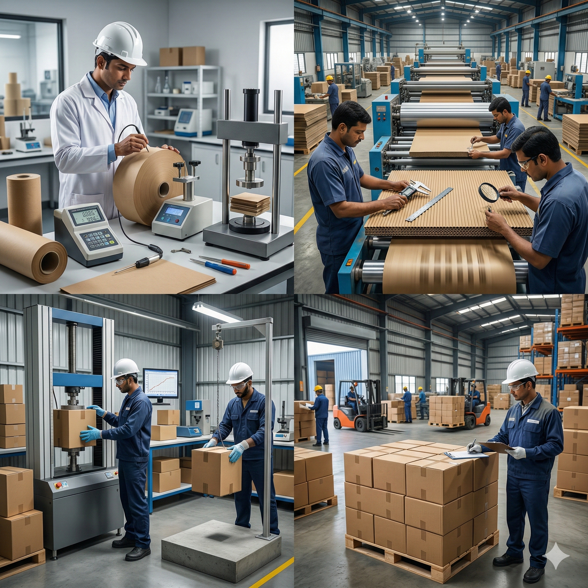 Quality control testing of industrial packaging boxes in manufacturing facility